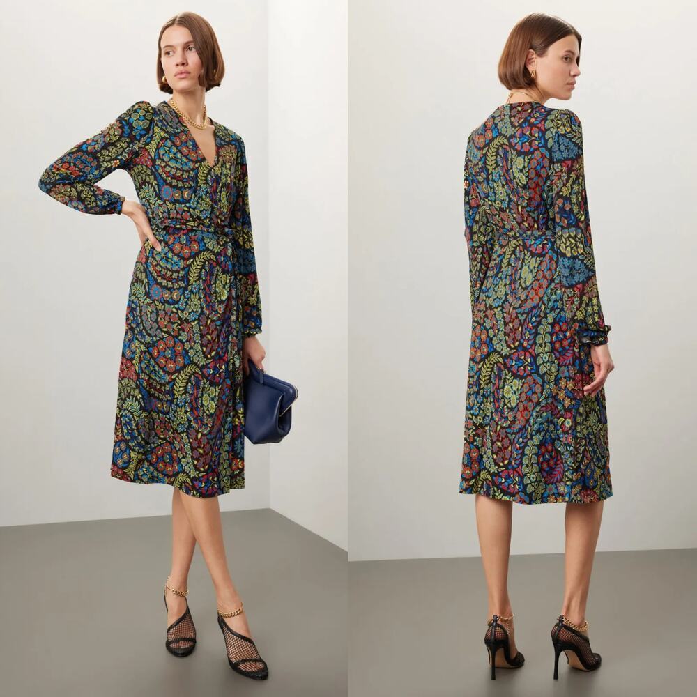 Etro Abito Lulu Dress Floral Print Long Sleeve Midi Wrap Multicolor IT 48 US 12